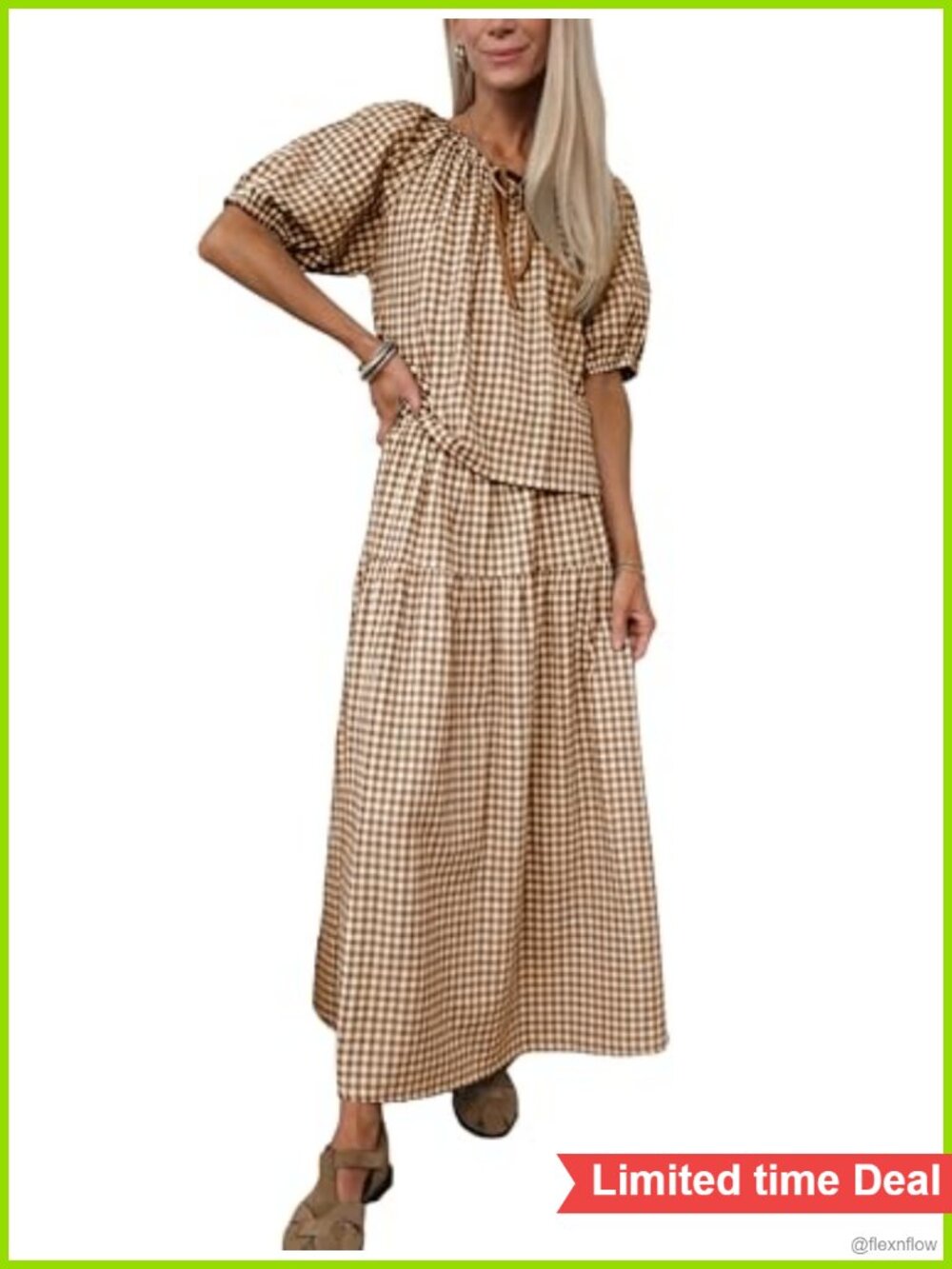 2 Piece Gingham Plaid Puff Sleeve Top Tiered Maxi Skirt Set